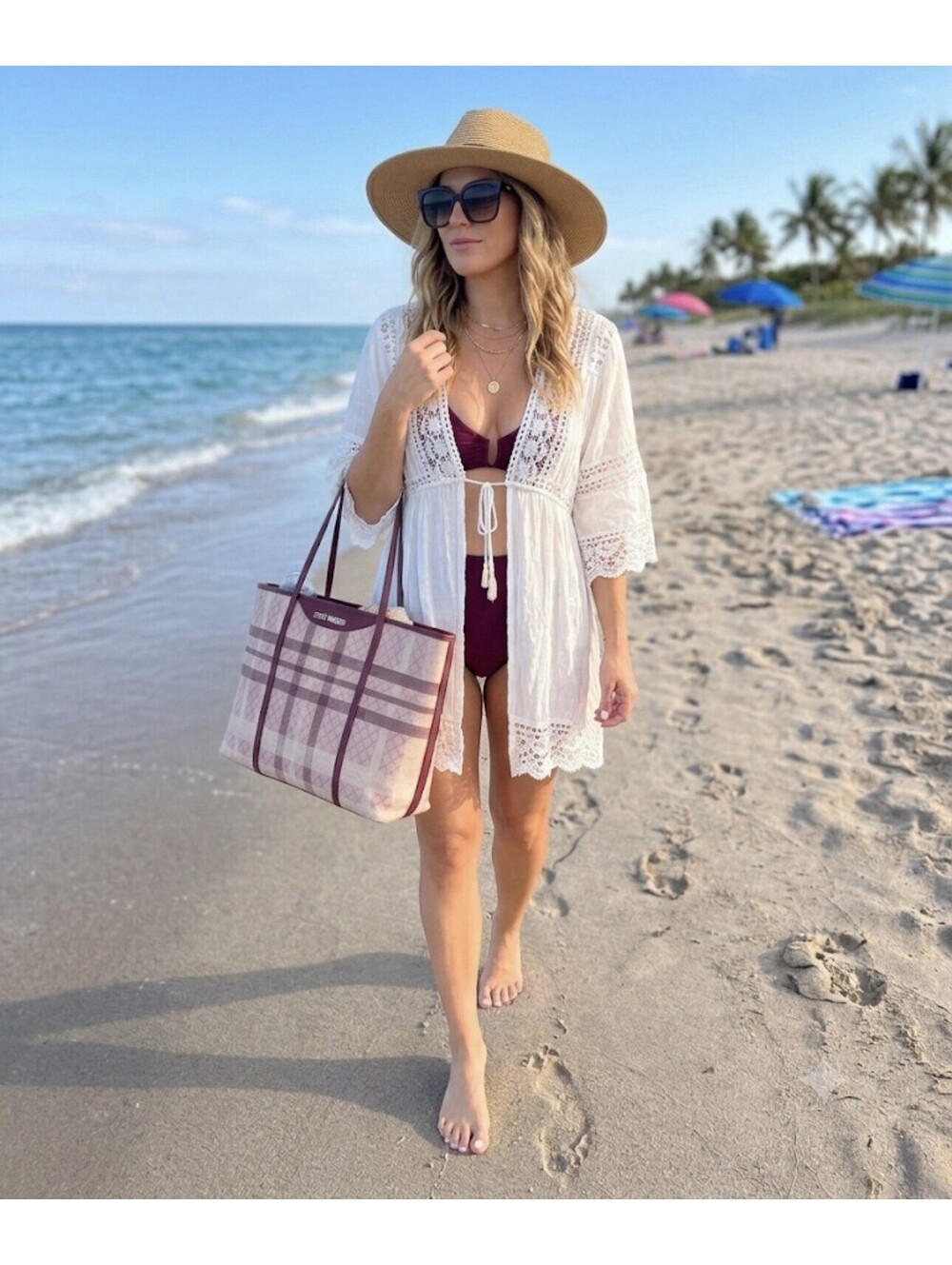 Steve Madden Plaid Large Tote Bag Burgundy Cream Maroon Checked Shoulder